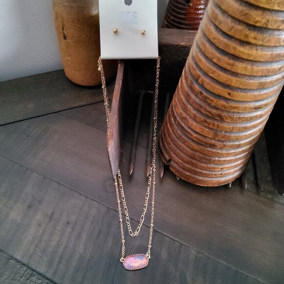 2 Piece Set Layered Oval Gold Tone Iridescent Lavender Necklace & Earrings - Picture 1 of 13